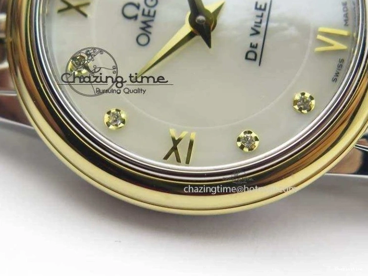 0503 OnTrend De Ville 27mm SS YG Ladies MK 1:1 Best Edition White MOP Dial Diamond Markers On SS Bracelet Ronda Quartz 8187